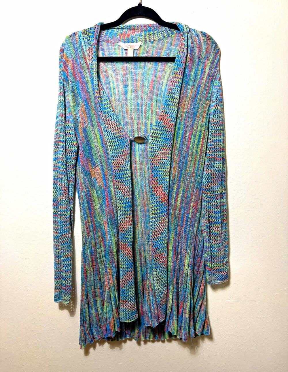 Hippie Multicolor Open Knit Cardigan Size L Coconut Button Boho Flowy